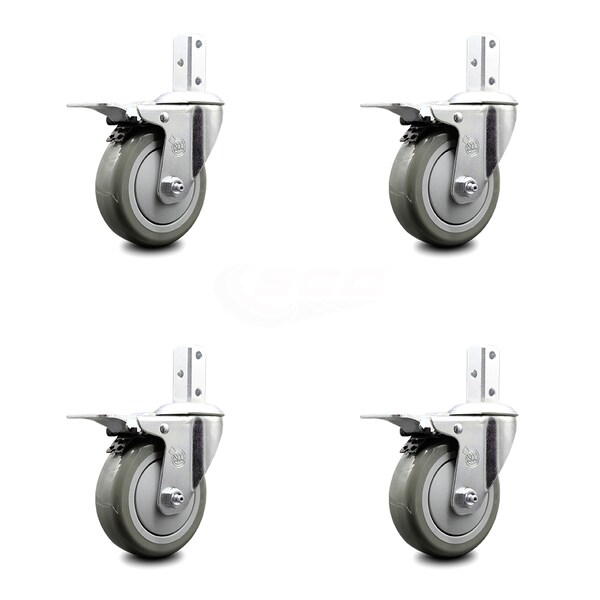 4 Inch Gray Poly Wheel Swivel 7/8 Inch Square Stem Caster Set Total Lock Brake